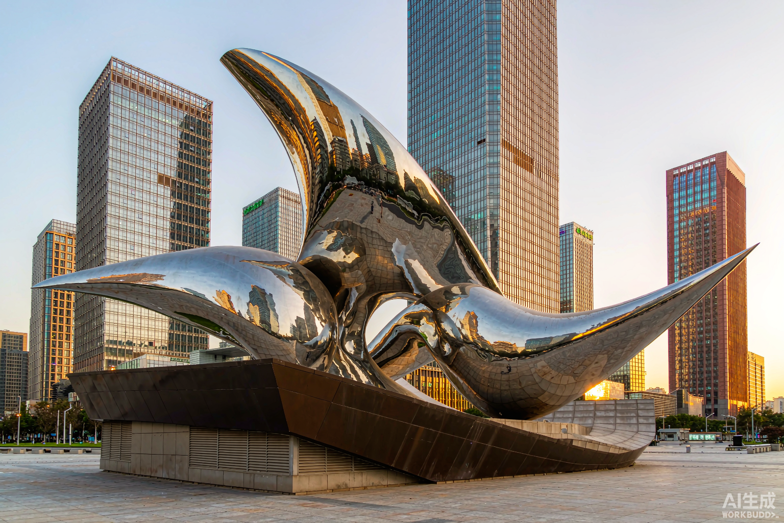Abstract stainless steel sculpture in plaza